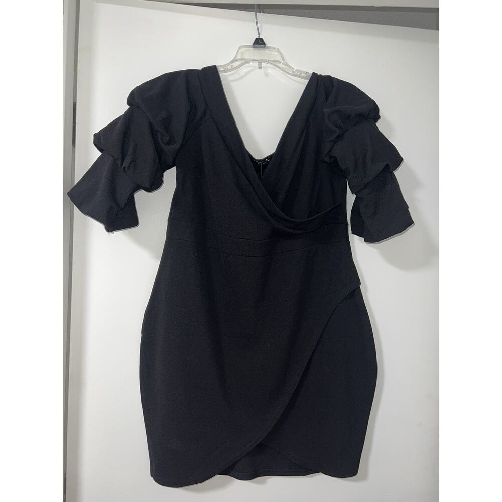 NEW boohoo OFF THE SHOULDER WRAP BODYCON DRESS ruffle sleeves party dress sz 14
